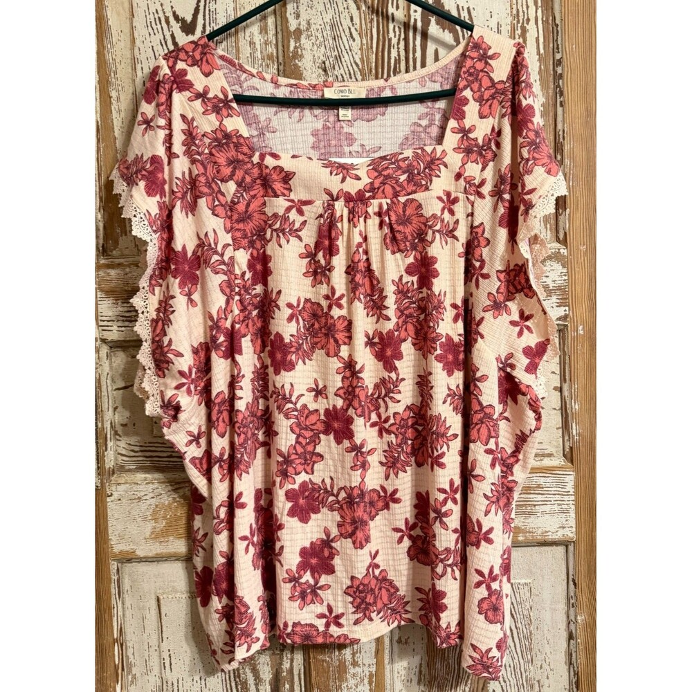Como Blu Women's Floral Square Neck Lace Trim Top - Cream/Red - Size 3X SOFT!
